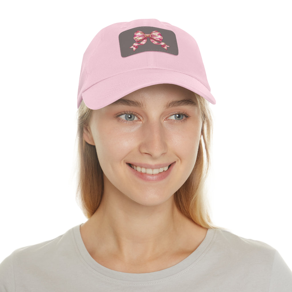 Pink Ribbon Bow Leather Patch Dad Hat — Cute Floral Bow Baseball Cap