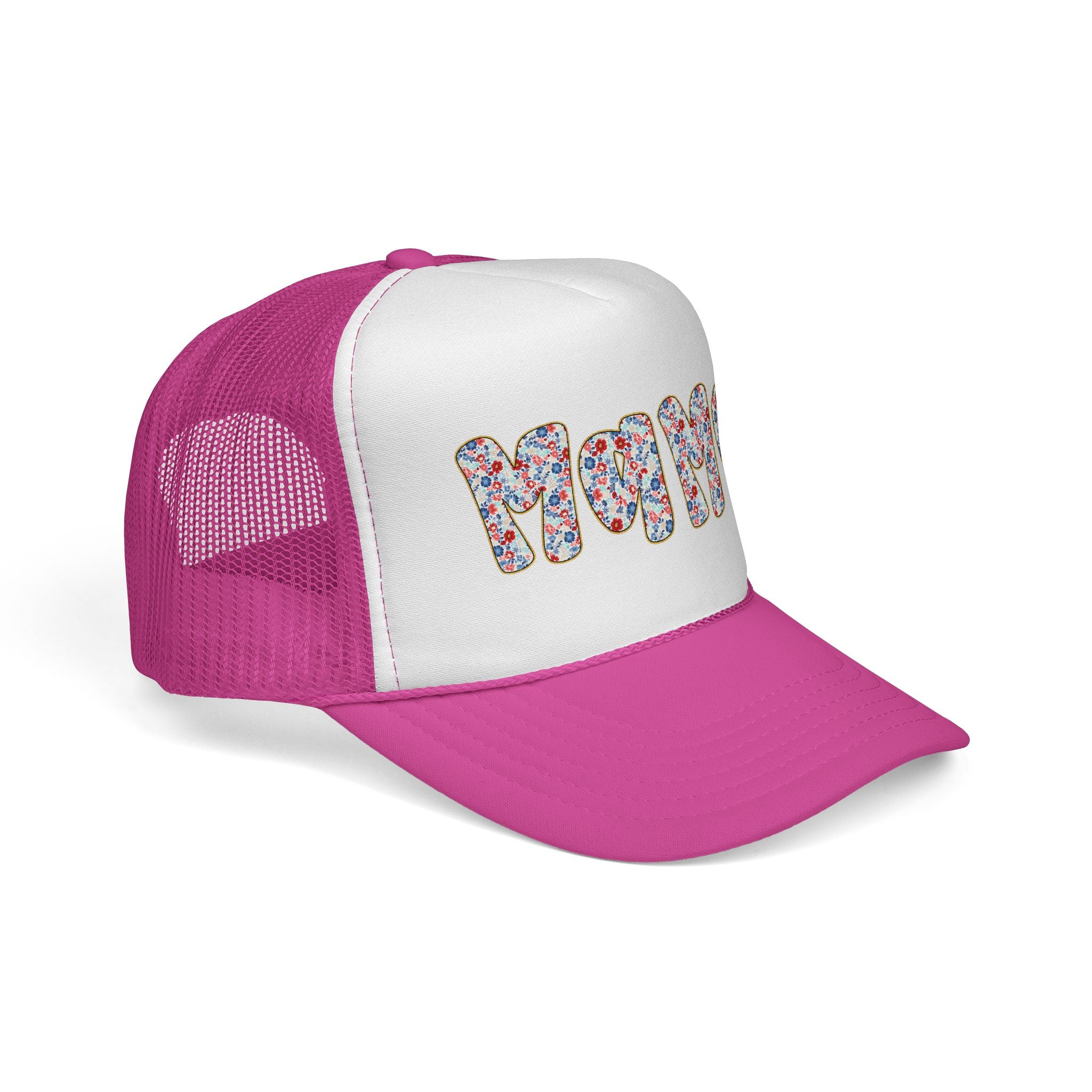Mama Floral Trucker Cap — Colorful Flower Patch Lettering Mesh Hat