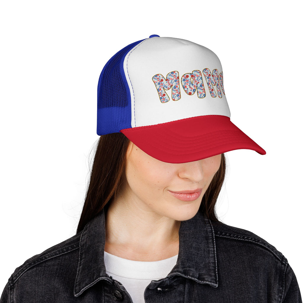 Mama Floral Trucker Cap — Colorful Flower Patch Lettering Mesh Hat