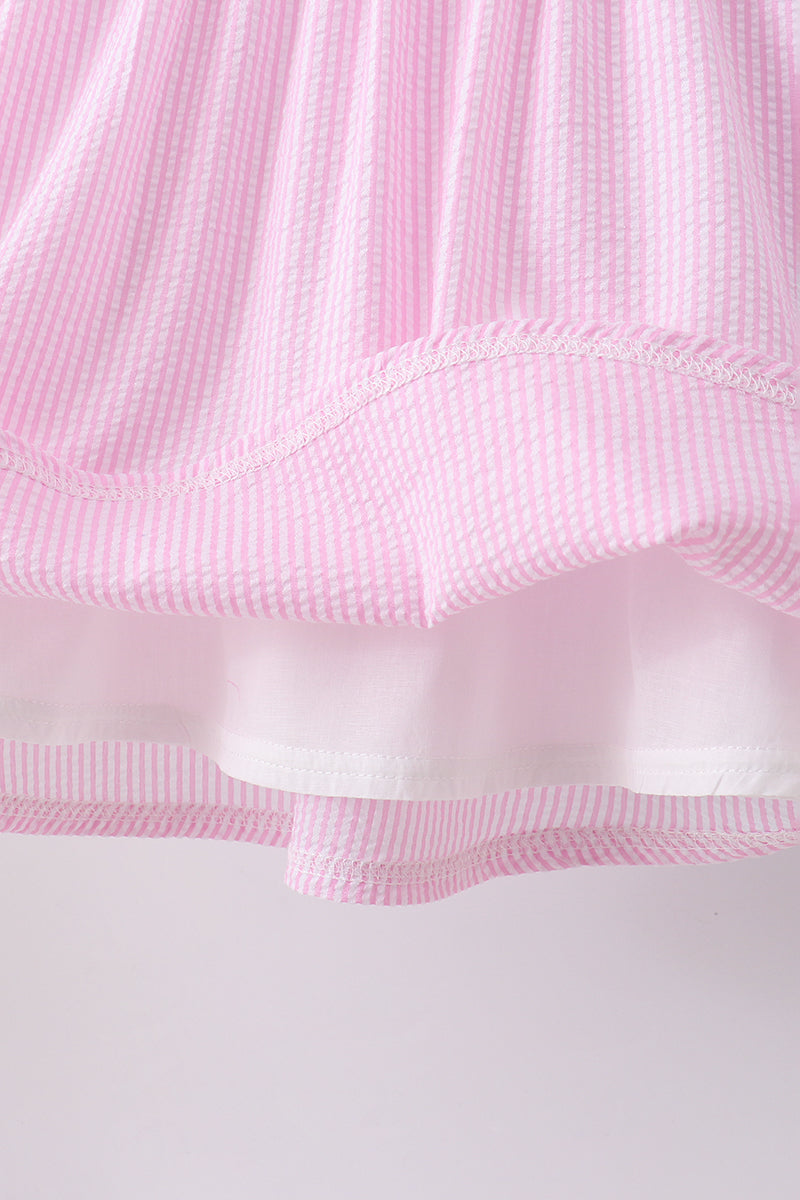 Pink seersucker animal smocked ruffle shorts set