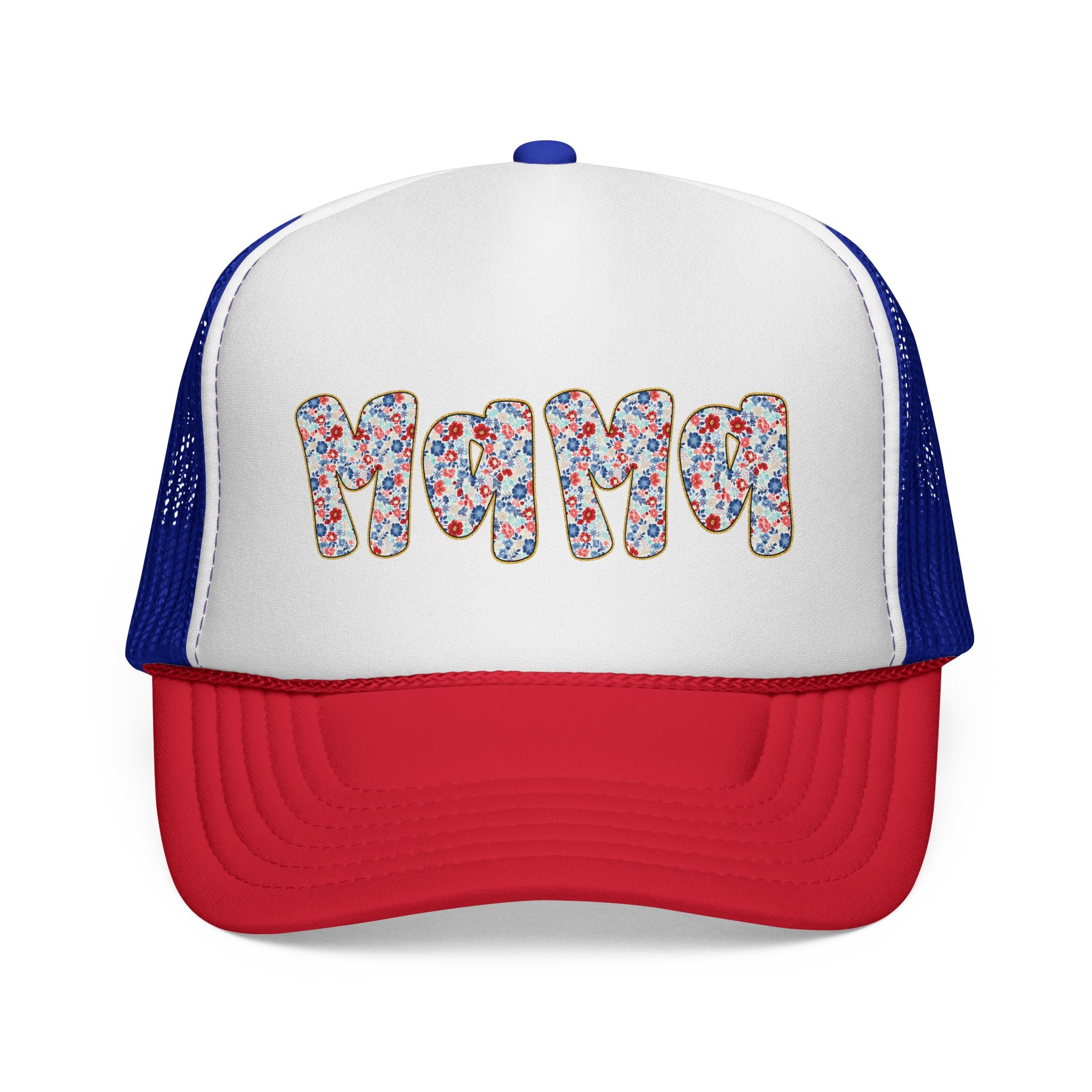 Mama Floral Trucker Cap — Colorful Flower Patch Lettering Mesh Hat
