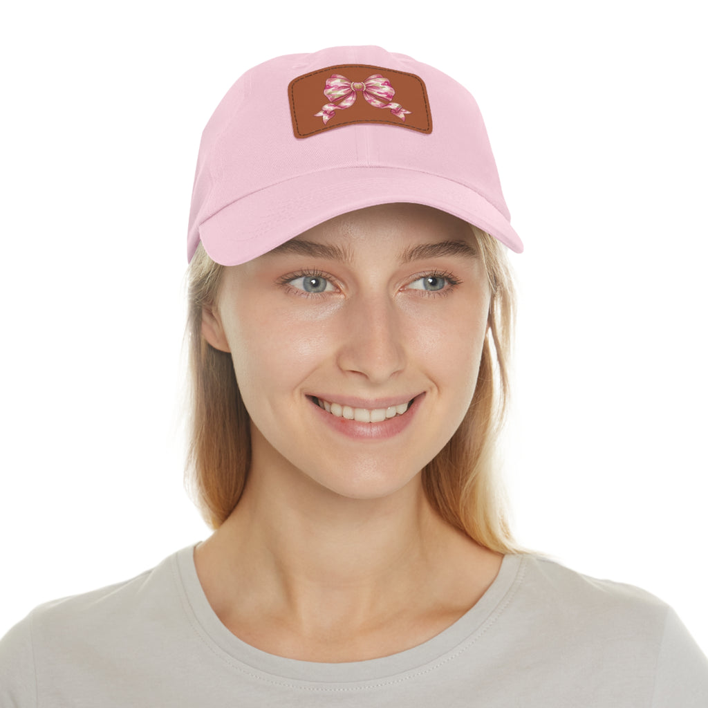Pink Ribbon Bow Leather Patch Dad Hat — Cute Floral Bow Baseball Cap