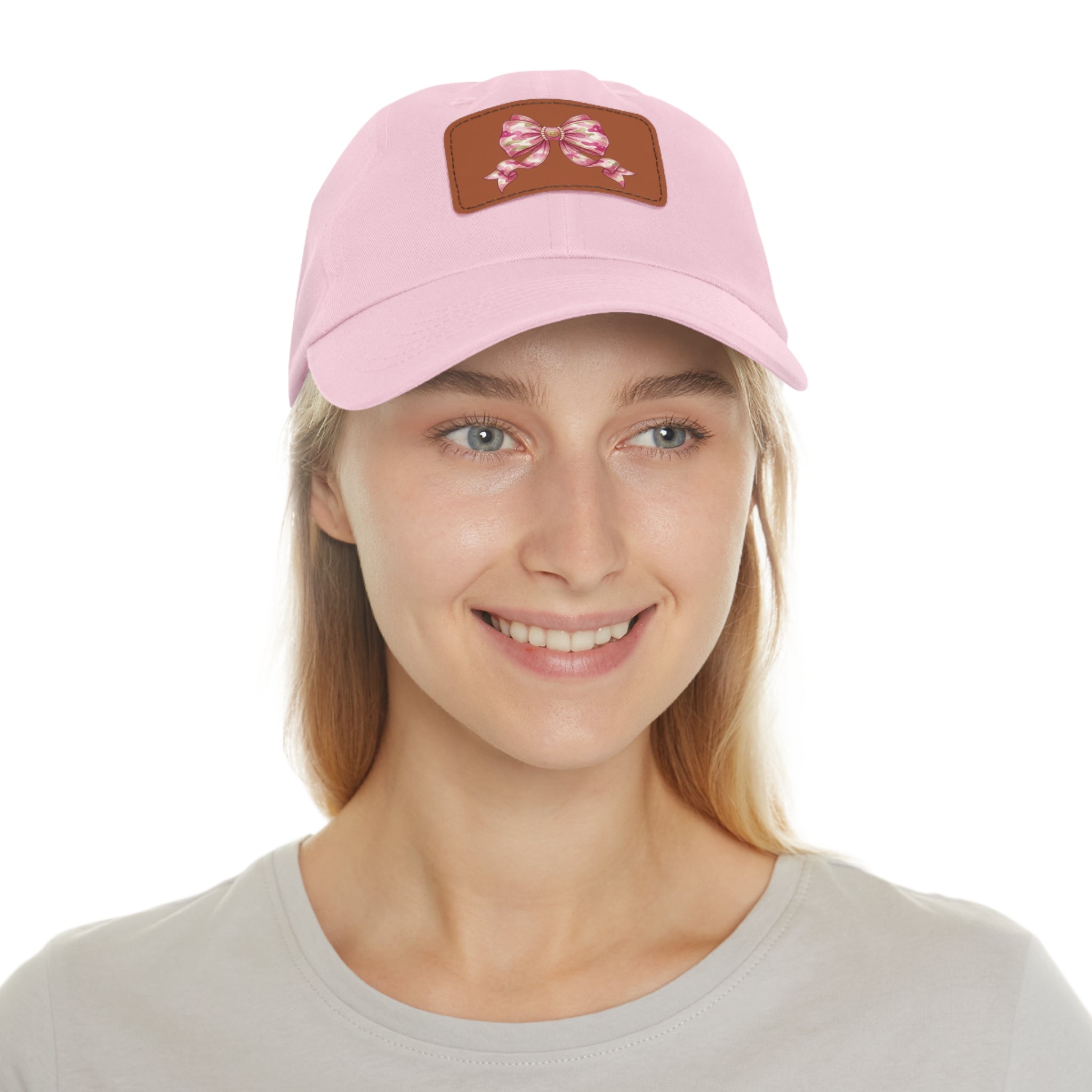 Pink Ribbon Bow Leather Patch Dad Hat — Cute Floral Bow Baseball Cap