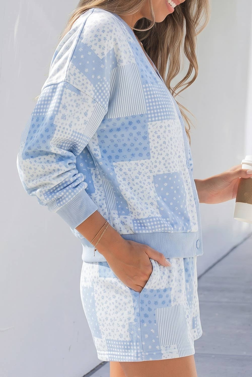 Patchwork Long Sleeve Waist Shorts Two Piece Set S-4X