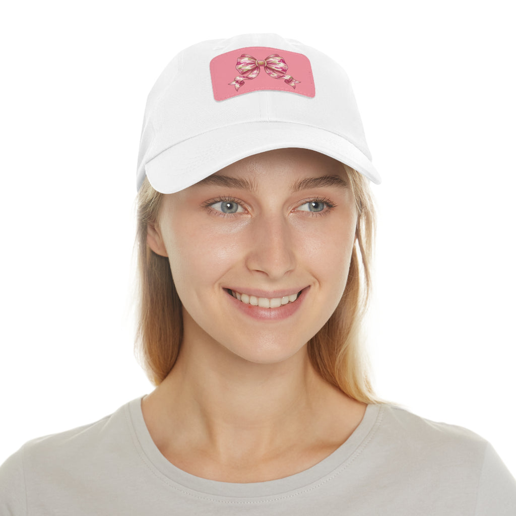 Pink Ribbon Bow Leather Patch Dad Hat — Cute Floral Bow Baseball Cap