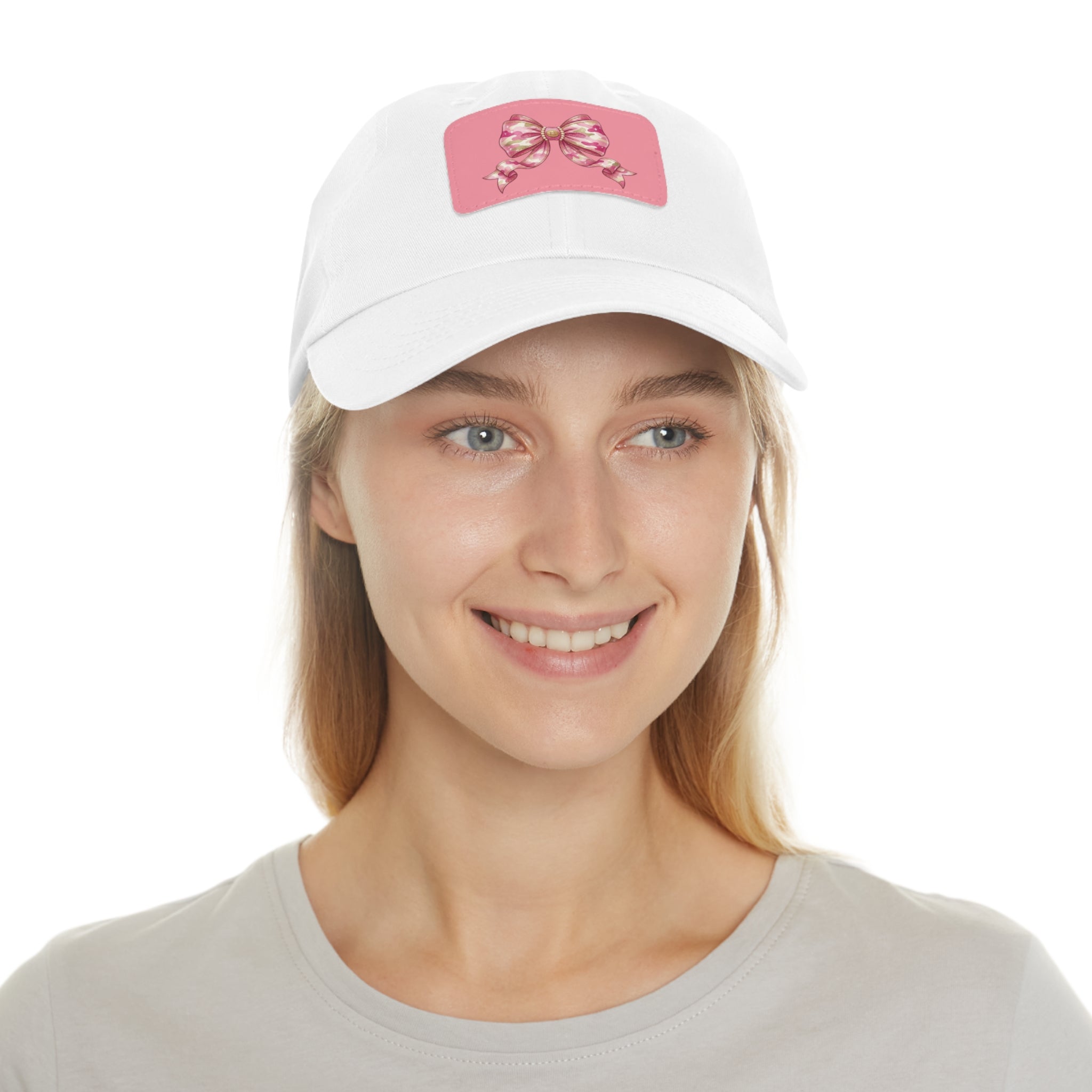 Pink Ribbon Bow Leather Patch Dad Hat — Cute Floral Bow Baseball Cap