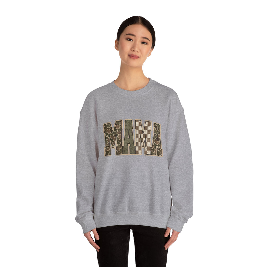 MAMA Camo Patch Crewneck Sweatshirt — Women's Mama Graphic Pullover