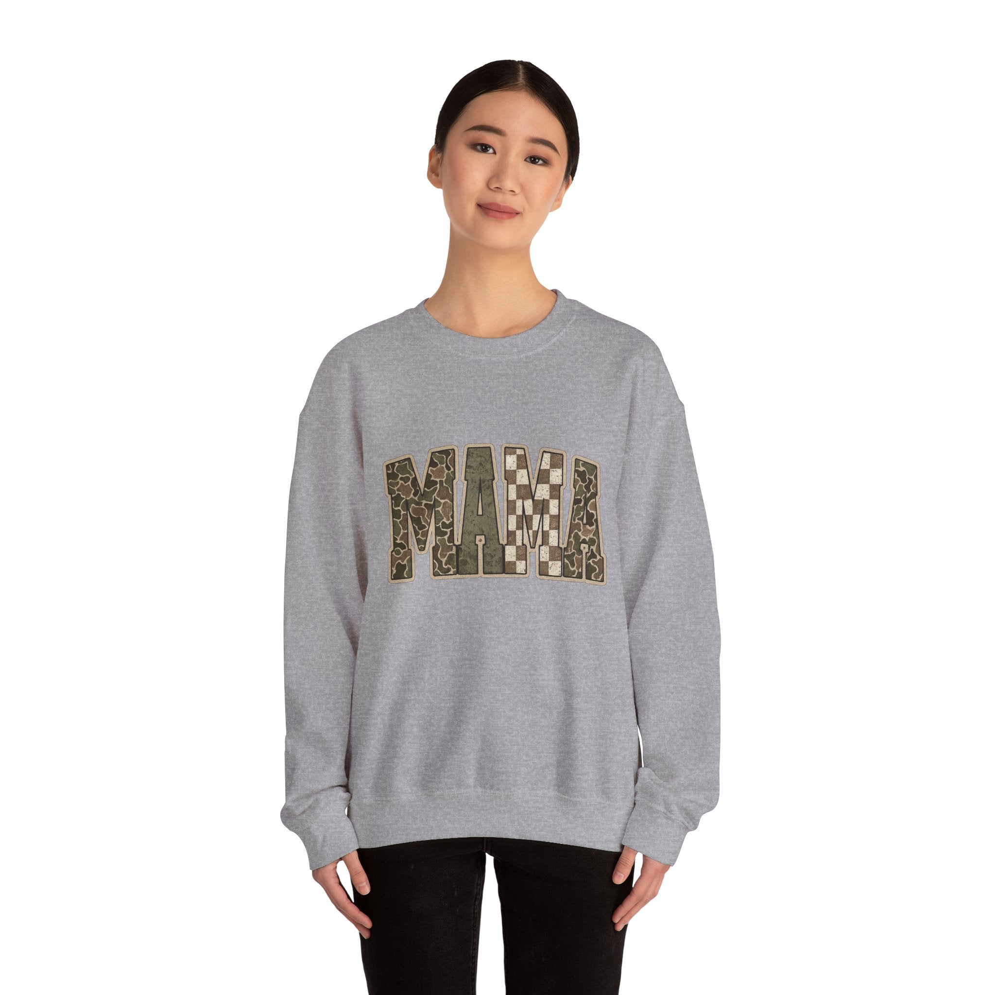MAMA Camo Patch Crewneck Sweatshirt — Women's Mama Graphic Pullover