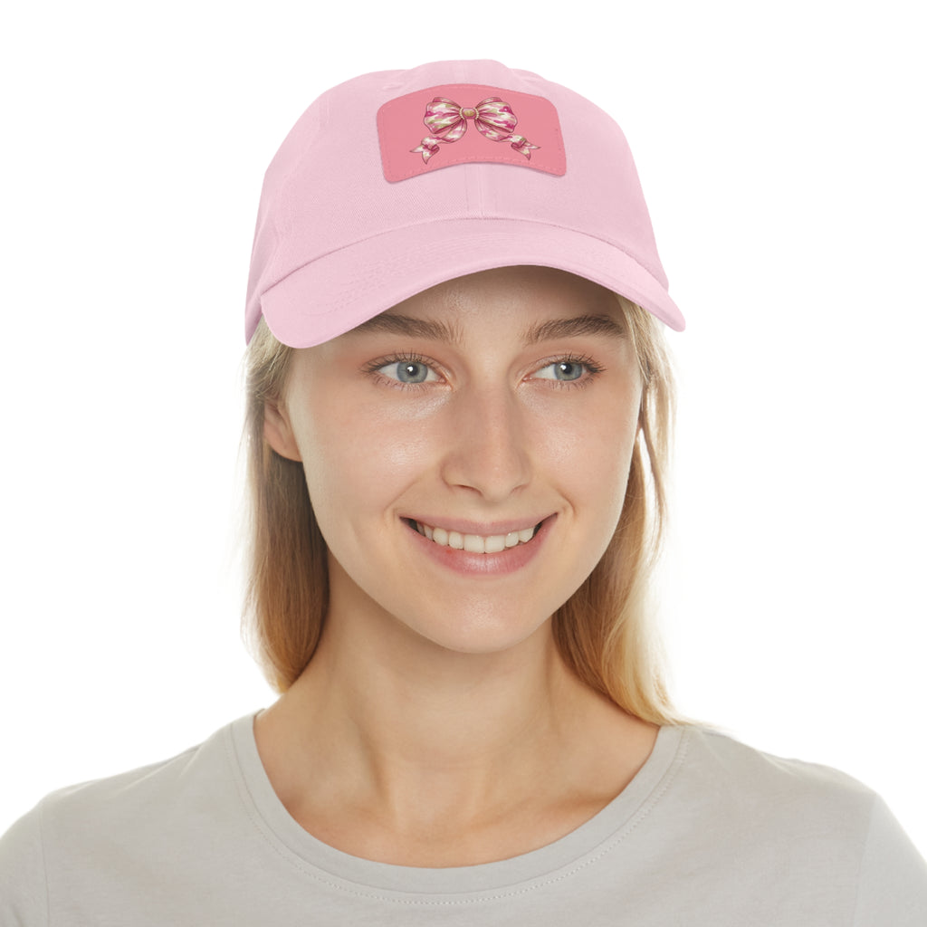 Pink Ribbon Bow Leather Patch Dad Hat — Cute Floral Bow Baseball Cap