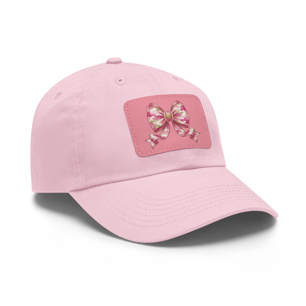 Pink Ribbon Bow Leather Patch Dad Hat — Cute Floral Bow Baseball Cap