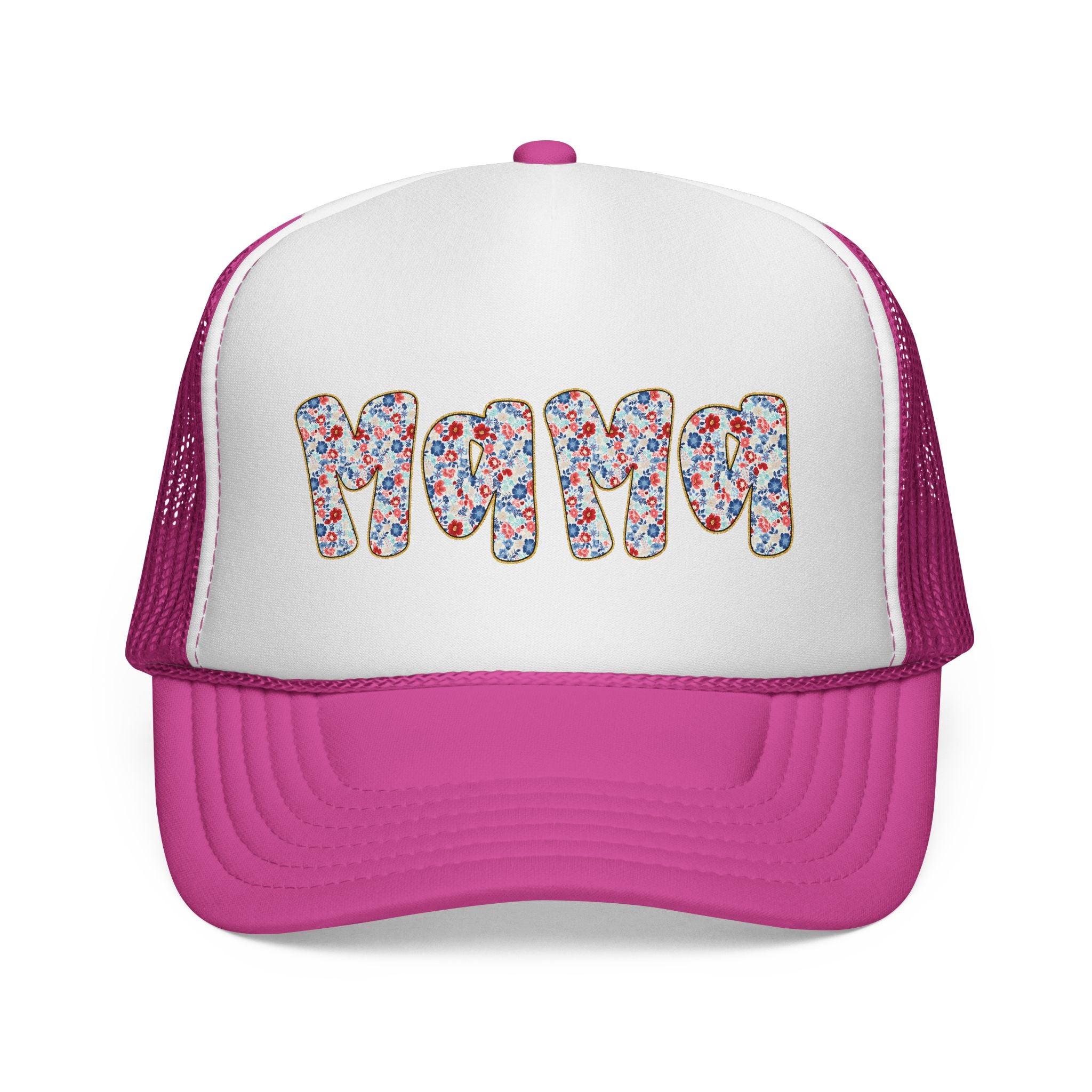 Mama Floral Trucker Cap — Colorful Flower Patch Lettering Mesh Hat