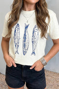 Fish Print Short Sleeve Round Neck T Shirt