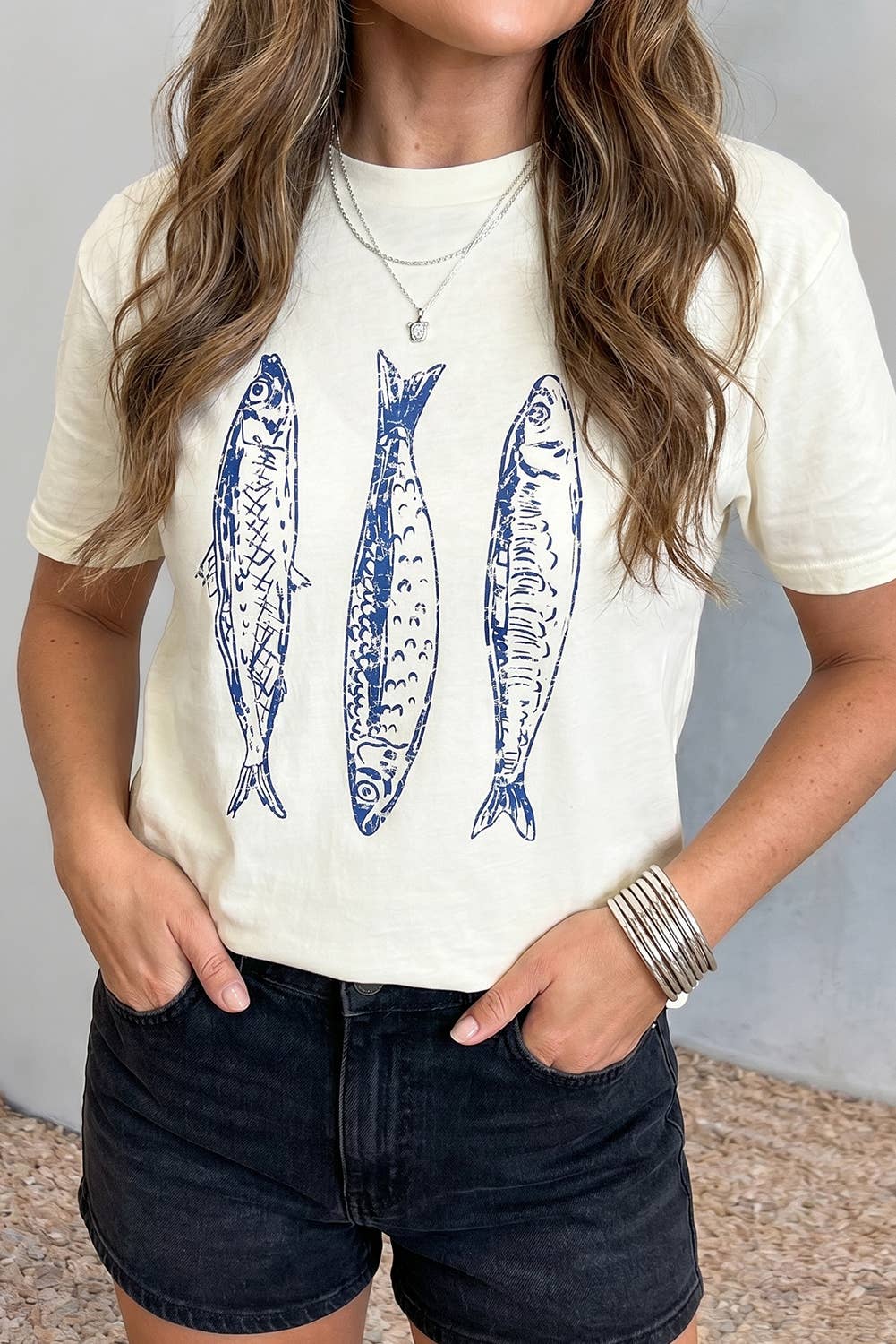 Fish Print Short Sleeve Round Neck T Shirt