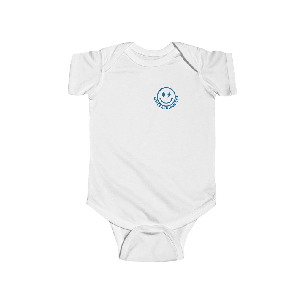 Infant Bodysuit — "In My Little Brother Era" Retro Blue Smiley Baby Onesie