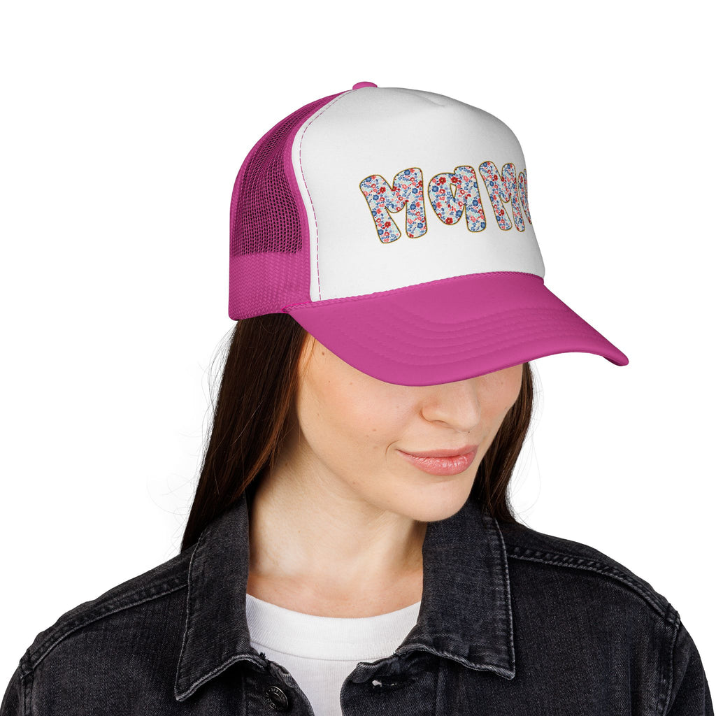Mama Floral Trucker Cap — Colorful Flower Patch Lettering Mesh Hat