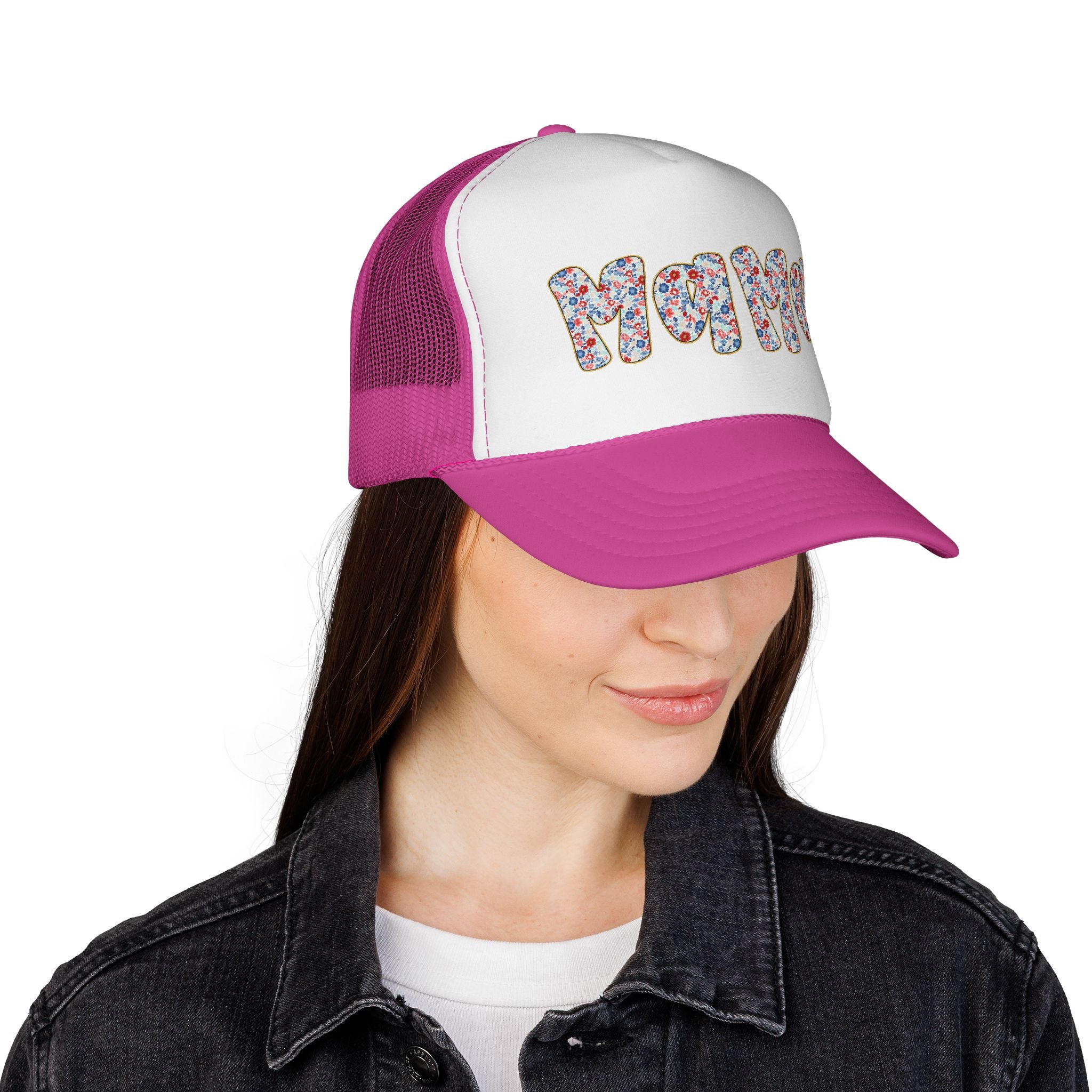 Mama Floral Trucker Cap — Colorful Flower Patch Lettering Mesh Hat