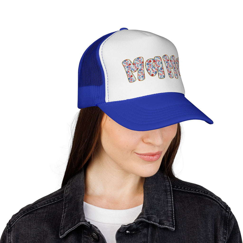 Mama Floral Trucker Cap — Colorful Flower Patch Lettering Mesh Hat