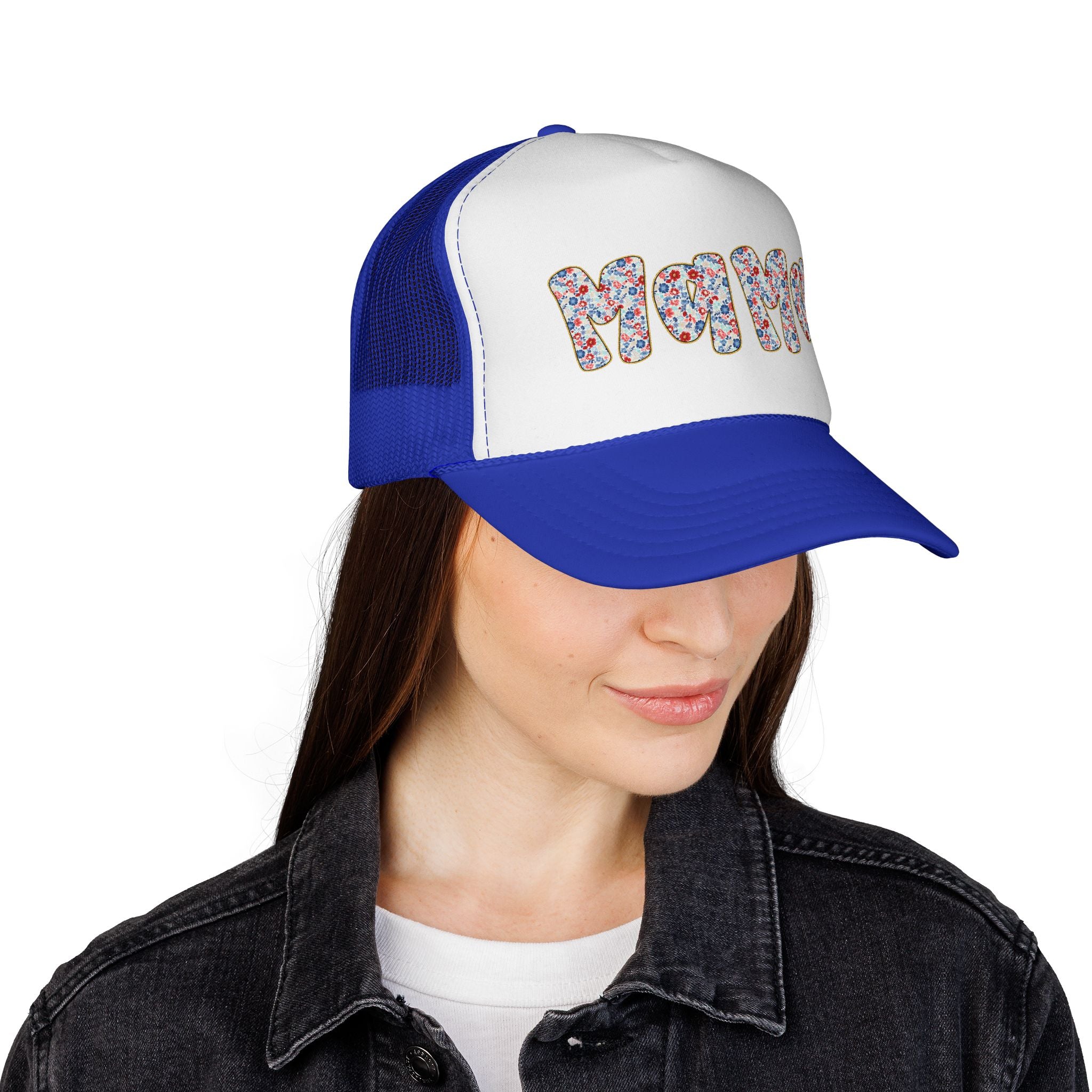 Mama Floral Trucker Cap — Colorful Flower Patch Lettering Mesh Hat
