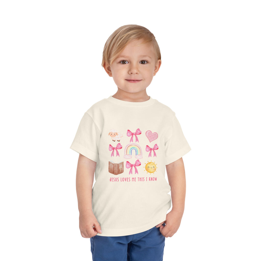 Toddler Tee — "Jesus Loves Me This I Know" Pastel Rainbow & Hearts Christian Shirt