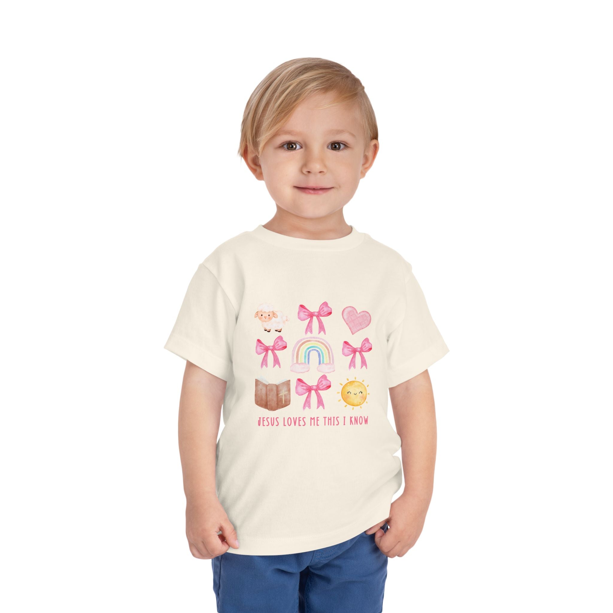 Toddler Tee — "Jesus Loves Me This I Know" Pastel Rainbow & Hearts Christian Shirt
