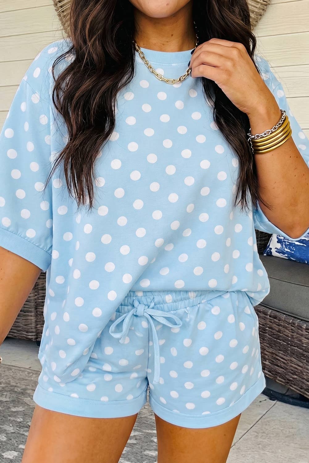 Polka Dot Print Cropped Tee & Shorts Two Piece Set