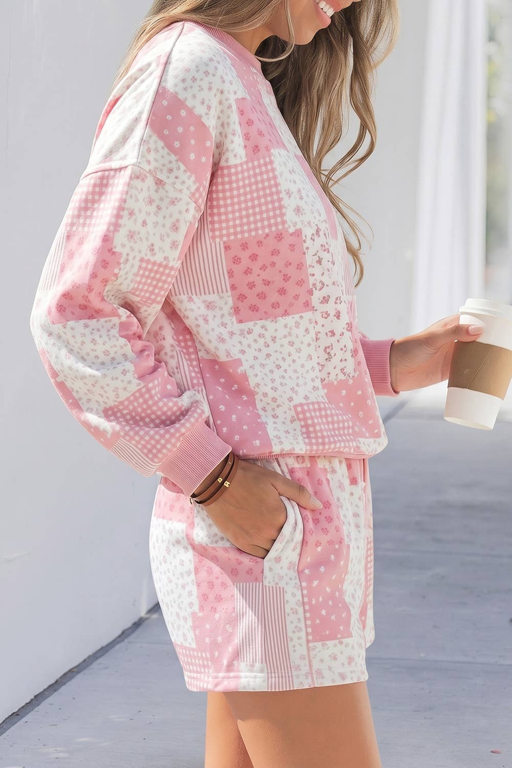 Patchwork Long Sleeve Waist Shorts Two Piece Set S-4X