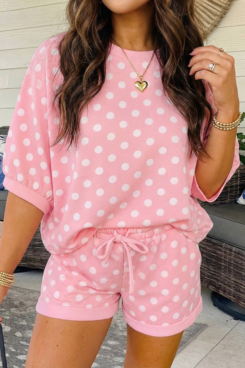 Polka Dot Print Cropped Tee & Shorts Two Piece Set