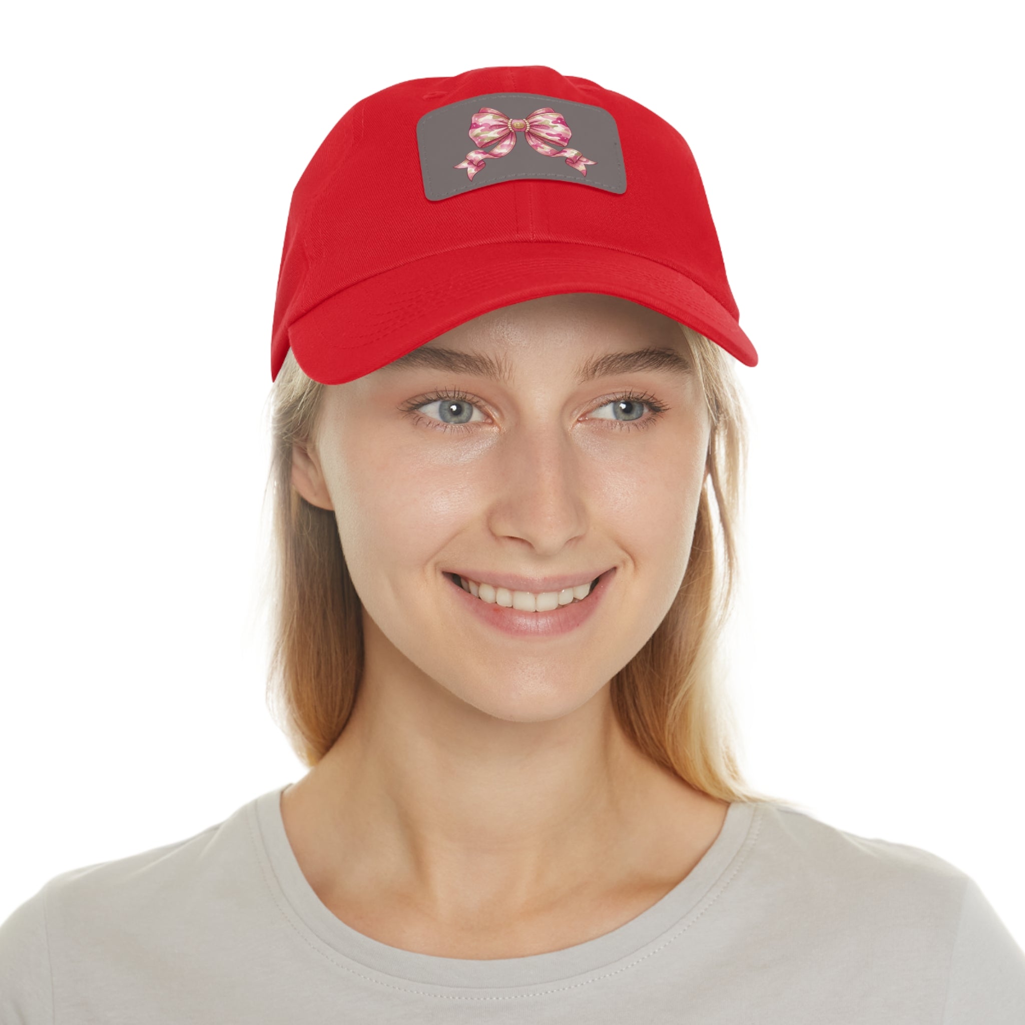 Pink Ribbon Bow Leather Patch Dad Hat — Cute Floral Bow Baseball Cap