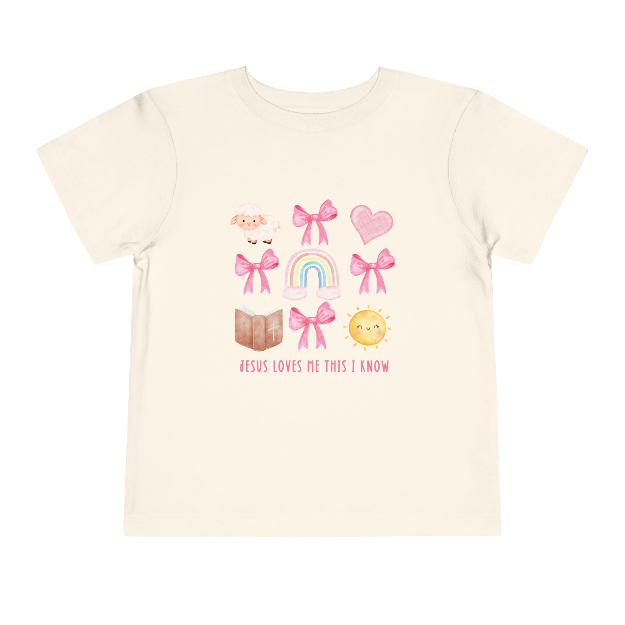 Toddler Tee — "Jesus Loves Me This I Know" Pastel Rainbow & Hearts Christian Shirt