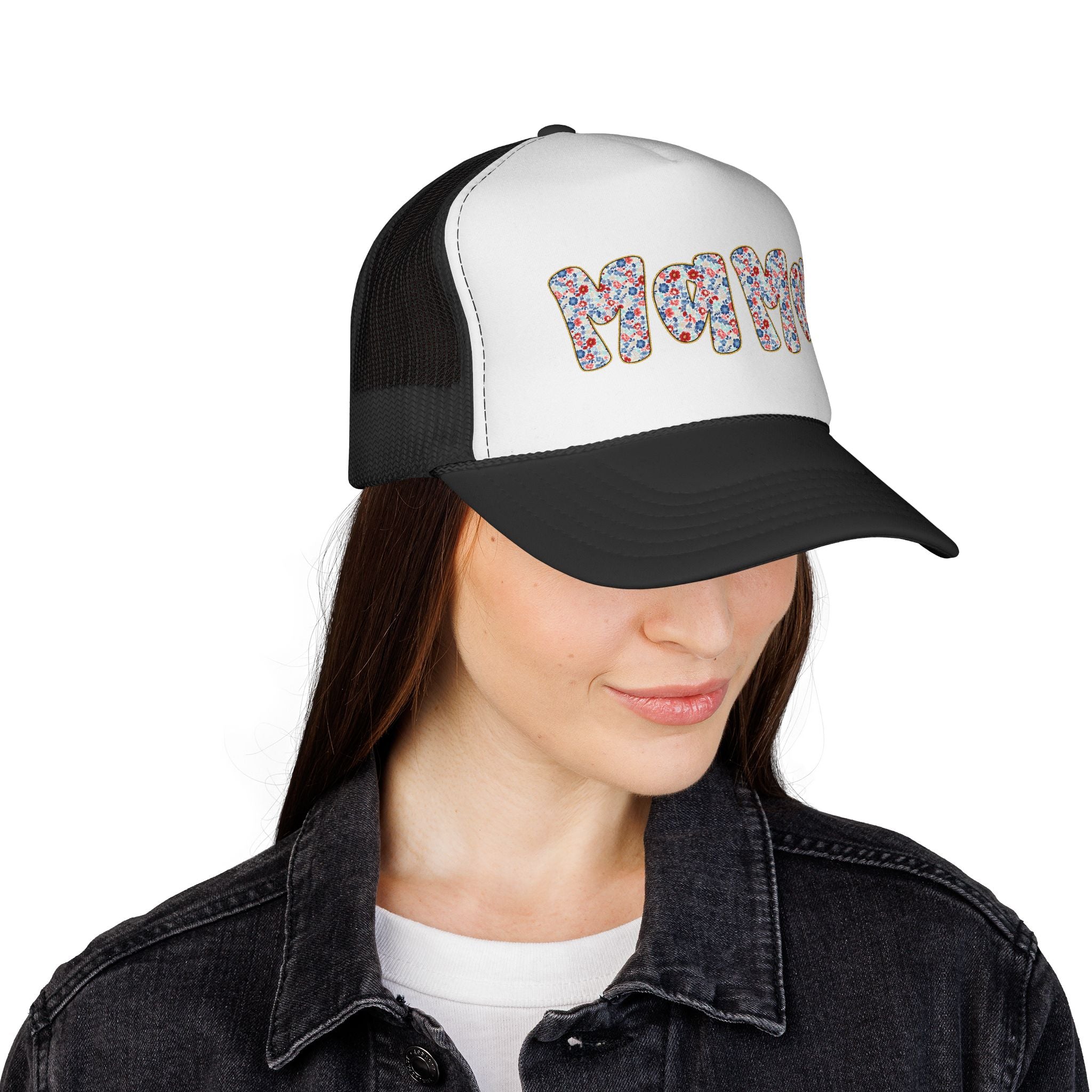 Mama Floral Trucker Cap — Colorful Flower Patch Lettering Mesh Hat