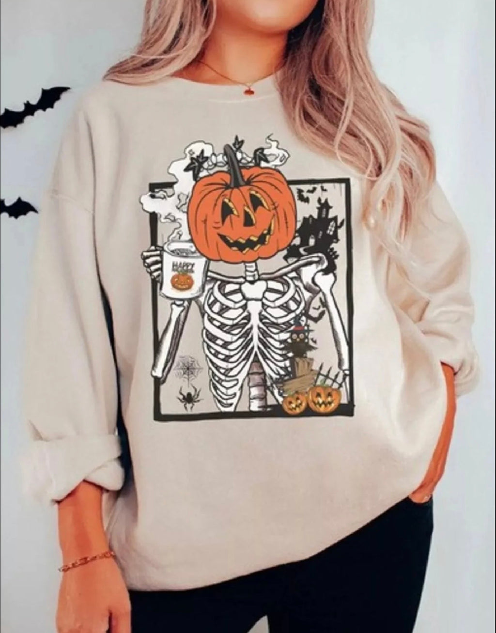 Halloween Pumpkin Floral Round Neck Sweatshirt