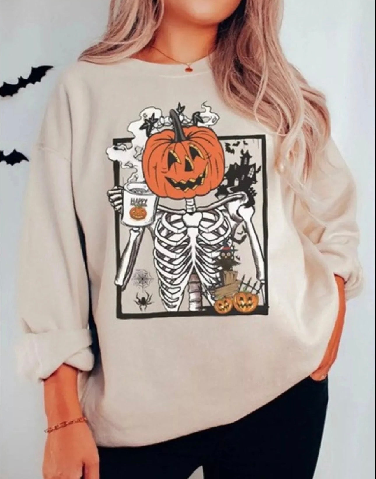 Halloween Pumpkin Floral Round Neck Sweatshirt