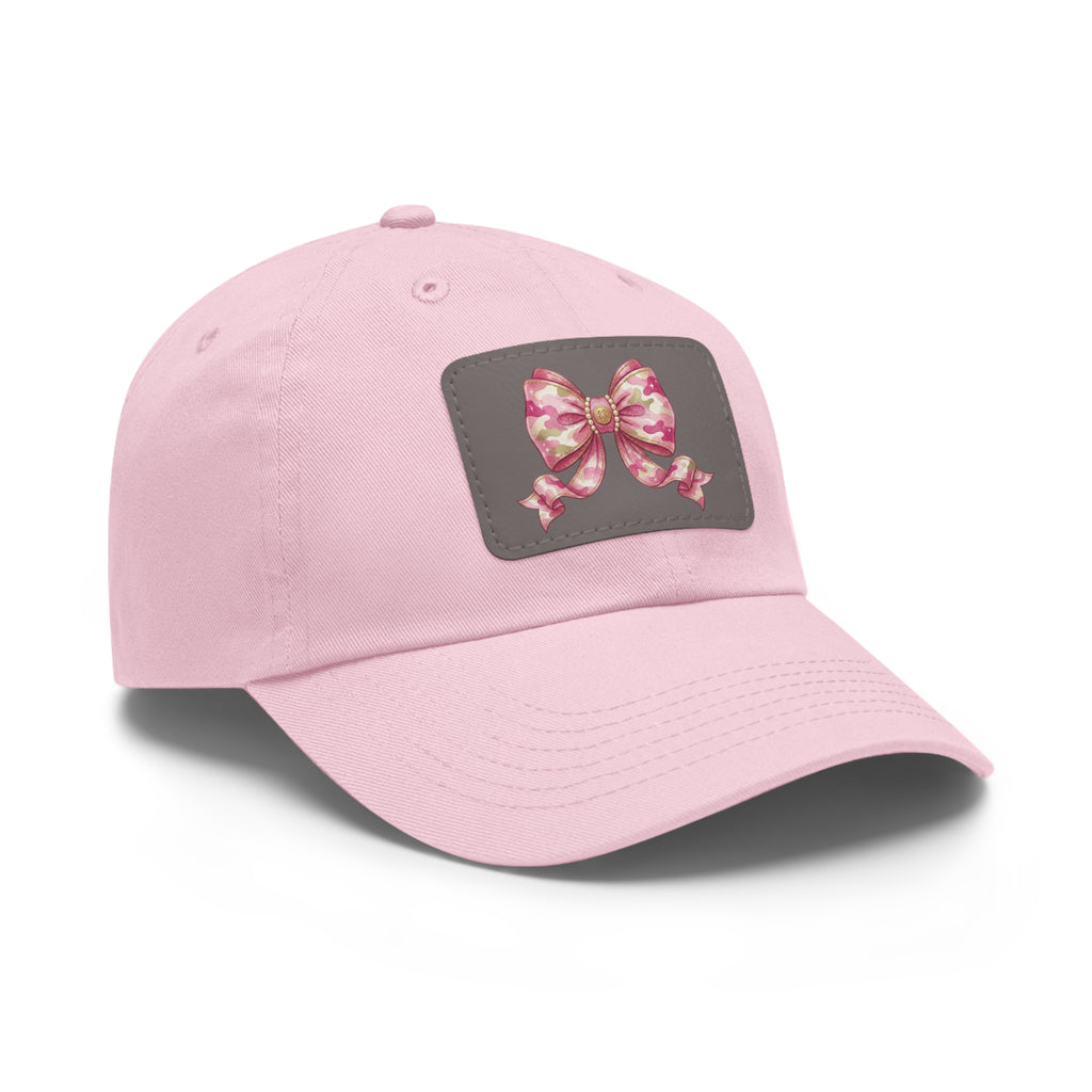 Pink Ribbon Bow Leather Patch Dad Hat — Cute Floral Bow Baseball Cap