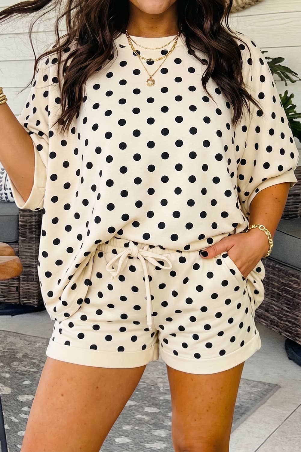 Polka Dot Print Cropped Tee & Shorts Two Piece Set