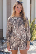 Woodland Camo Print Long Sleeve Top Casual Short Set