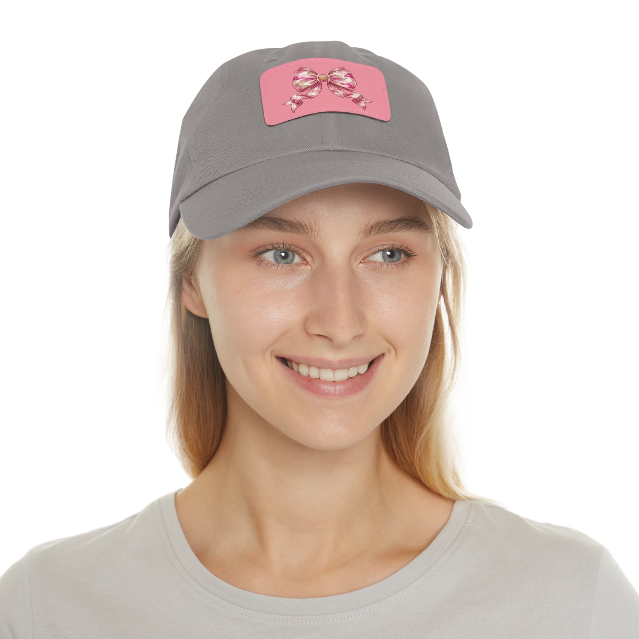 Pink Ribbon Bow Leather Patch Dad Hat — Cute Floral Bow Baseball Cap