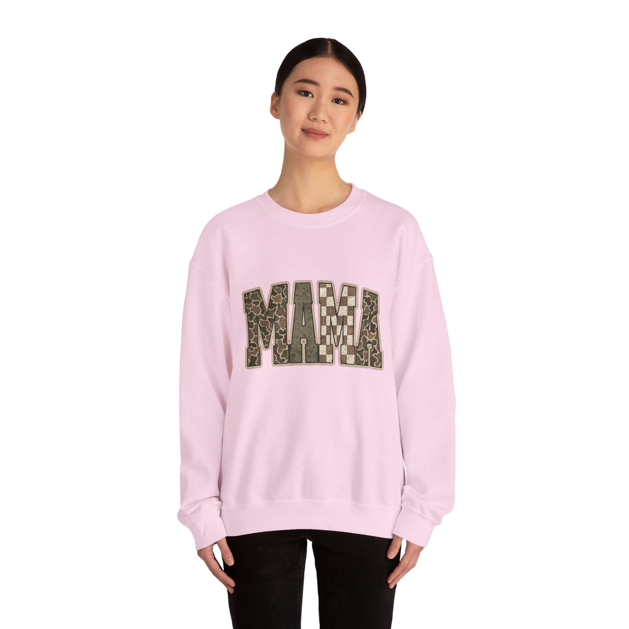 MAMA Camo Patch Crewneck Sweatshirt — Women's Mama Graphic Pullover