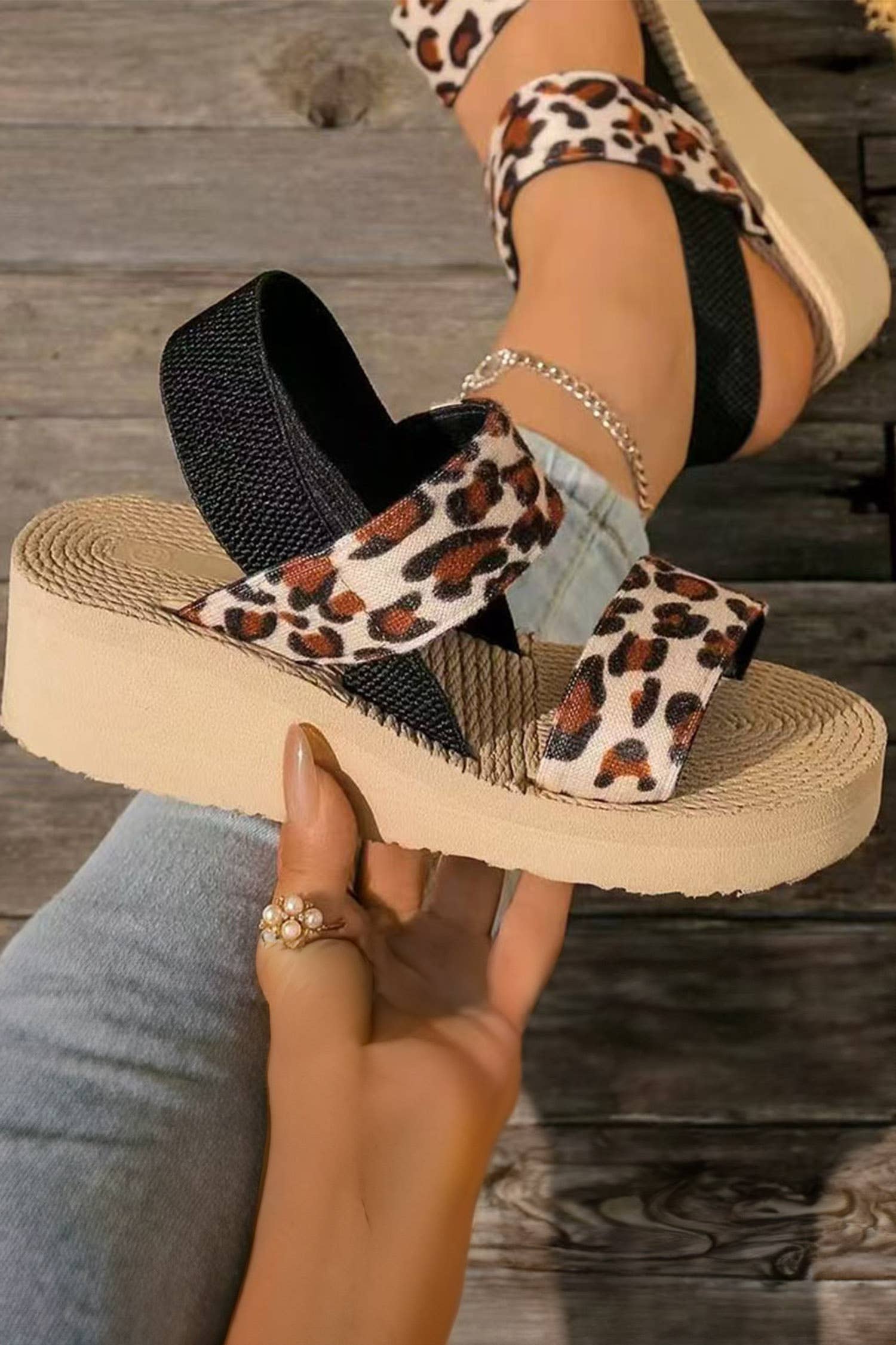 LDC Leopard Double Straps Woven Textured Sole Casual Sandals