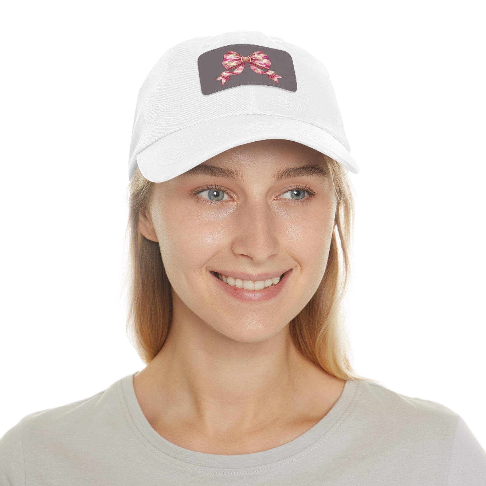 Pink Ribbon Bow Leather Patch Dad Hat — Cute Floral Bow Baseball Cap
