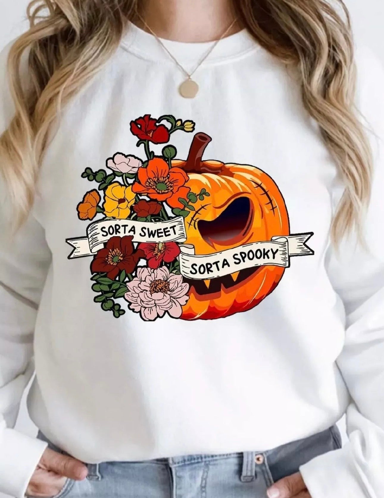 Halloween Pumpkin Floral Round Neck Sweatshirt