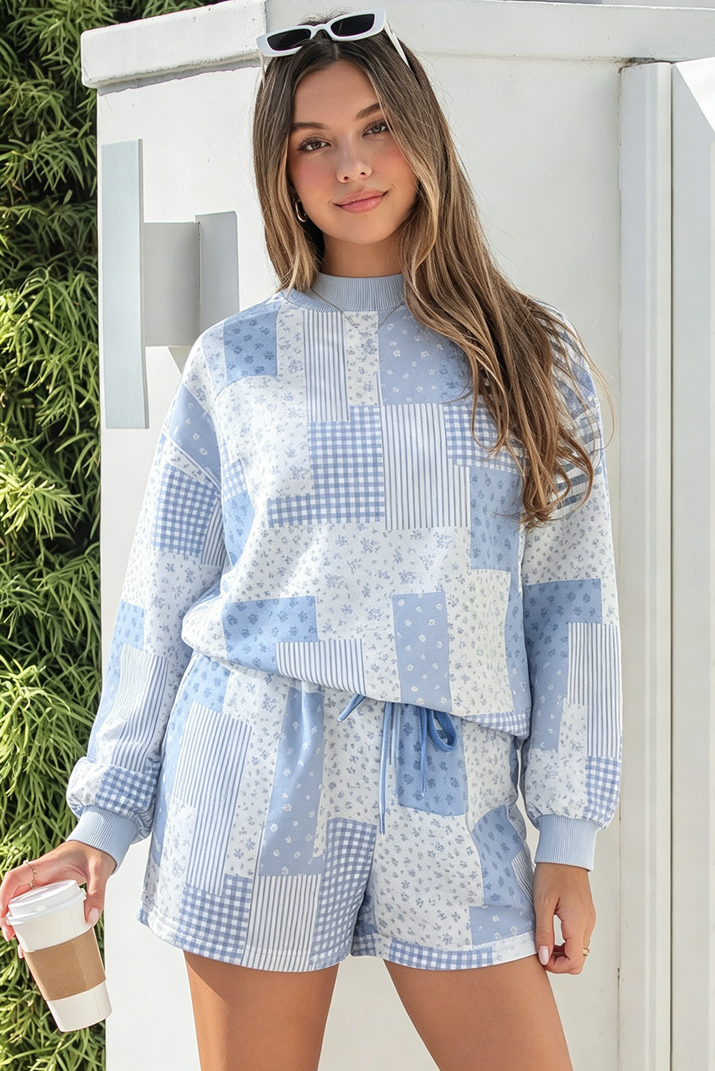 Patchwork Long Sleeve Waist Shorts Two Piece Set S-4X