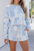 Patchwork Long Sleeve Waist Shorts Two Piece Set S-4X