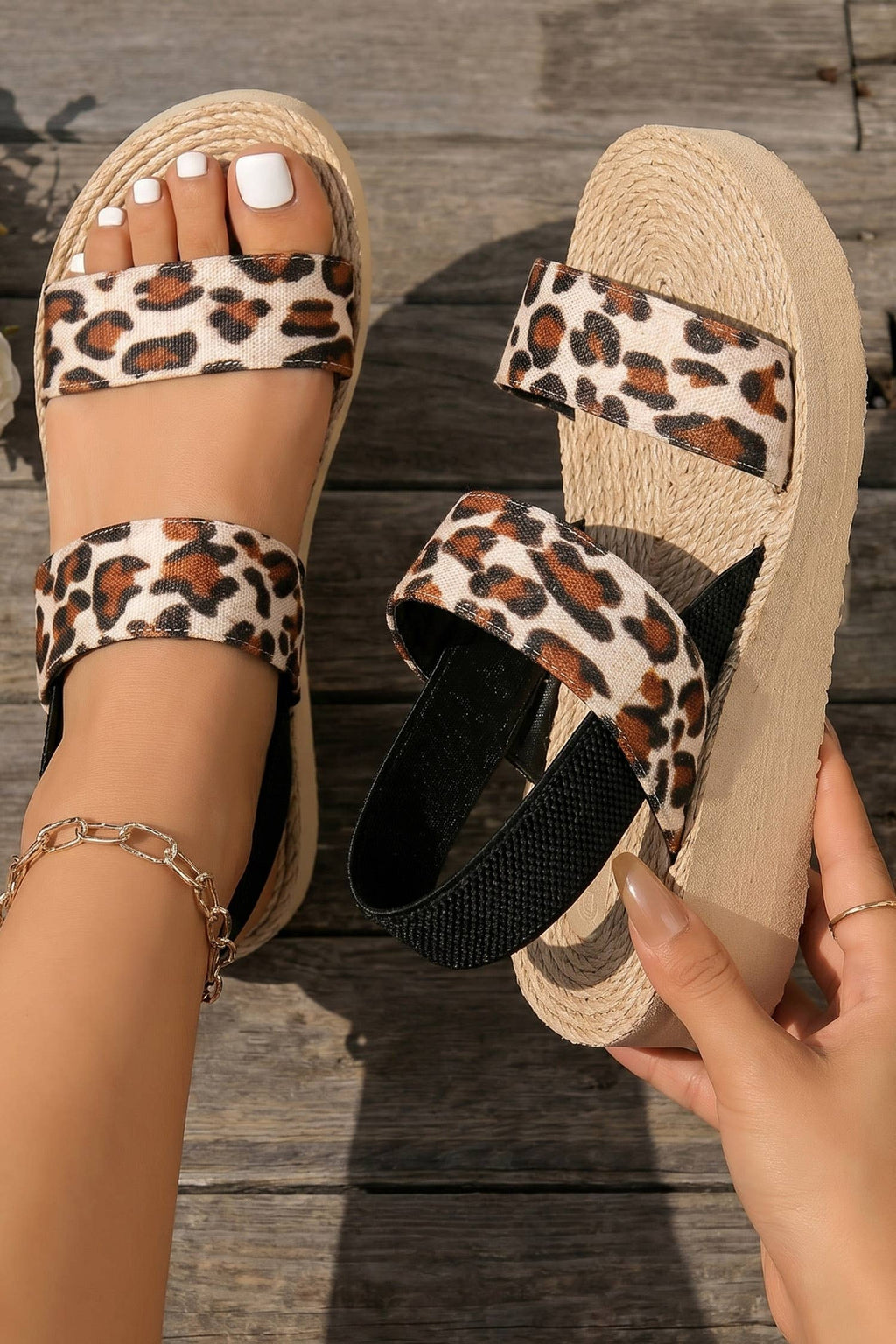 LDC Leopard Double Straps Woven Textured Sole Casual Sandals