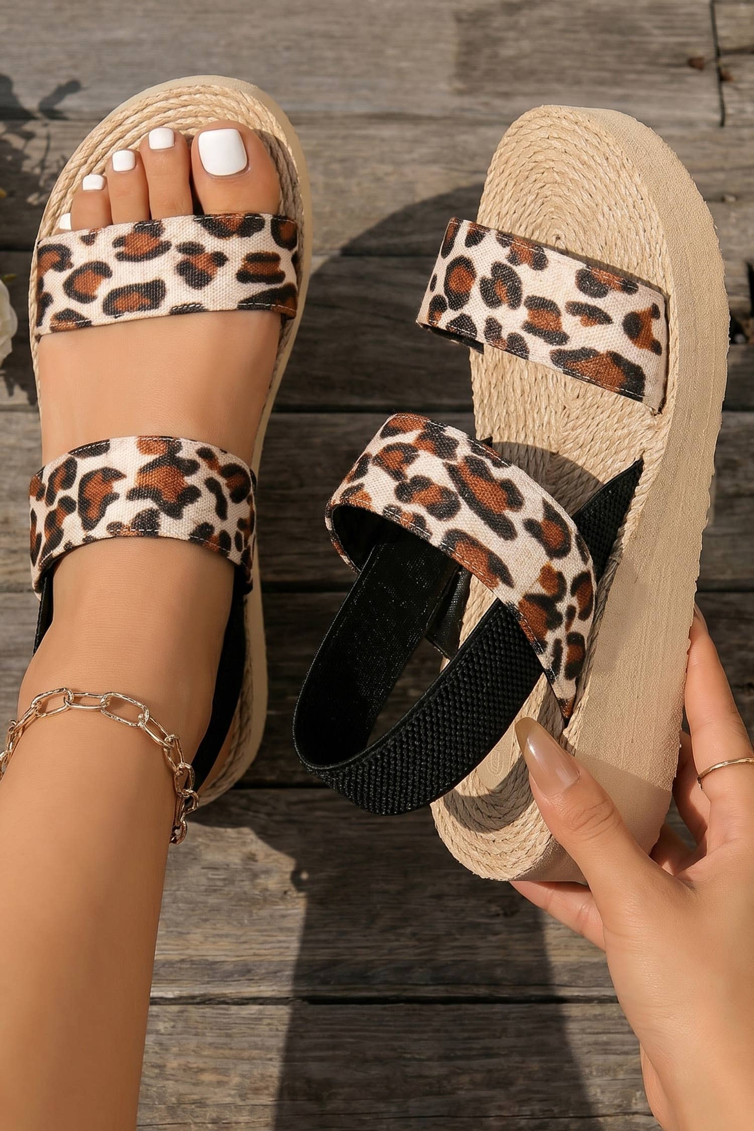LDC Leopard Double Straps Woven Textured Sole Casual Sandals