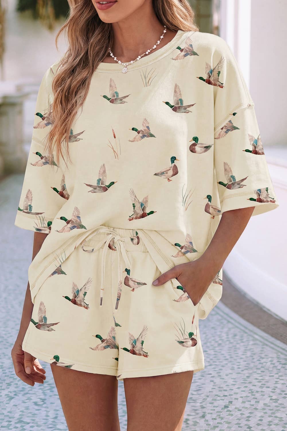 LDC Shift High Waist Mallard Duck Print Short Sleeve Set