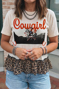 Retro COWGIRL Print Leopard Ruffle Hem Patchwork T Shirt