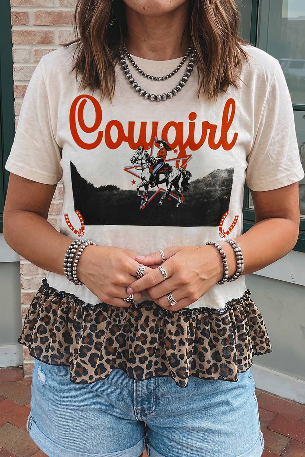Retro COWGIRL Print Leopard Ruffle Hem Patchwork T Shirt