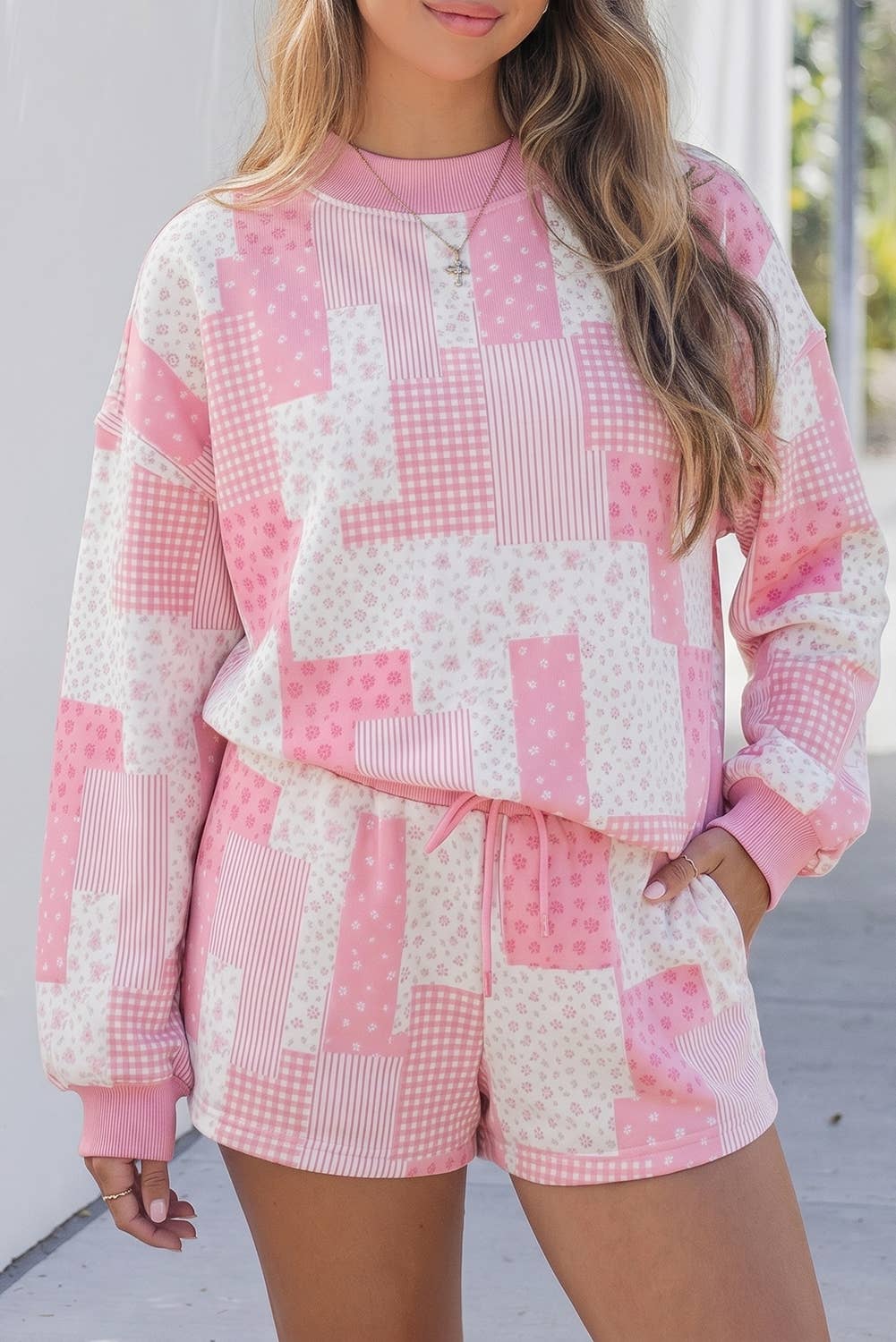 Patchwork Long Sleeve Waist Shorts Two Piece Set S-4X