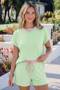 Soft Ribbed Color Block Trim Casual Short Set S-4X
