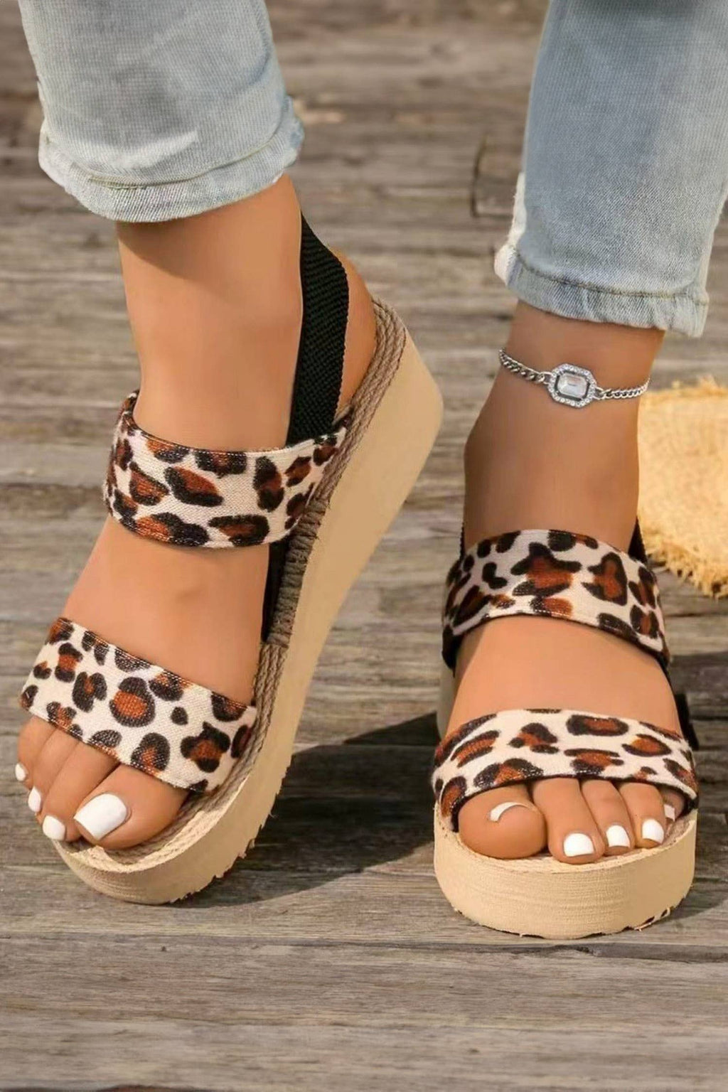 LDC Leopard Double Straps Woven Textured Sole Casual Sandals